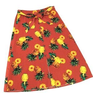 NYCC Tropical Pineapple Button A-Line Tie Waist Linen Blend Skirt Size Small